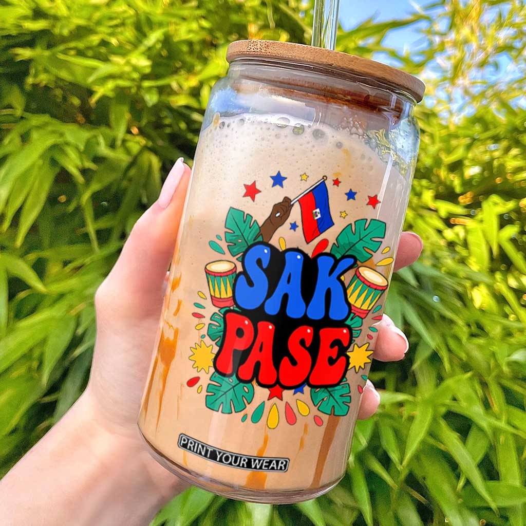 Sak Pase Colorful Festive Haitian Drums Tropical Graphic Glass Can Haiti Heritage Pride TS02 Black Print Your Wear