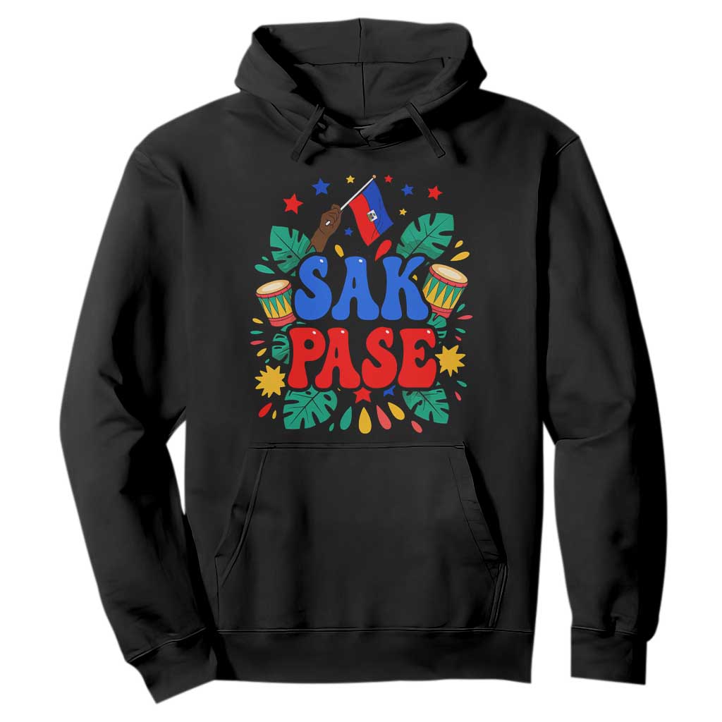 Sak Pase Colorful Festive Haitian Drums Tropical Graphic Hoodie Haiti Heritage Pride TS02 Black Print Your Wear