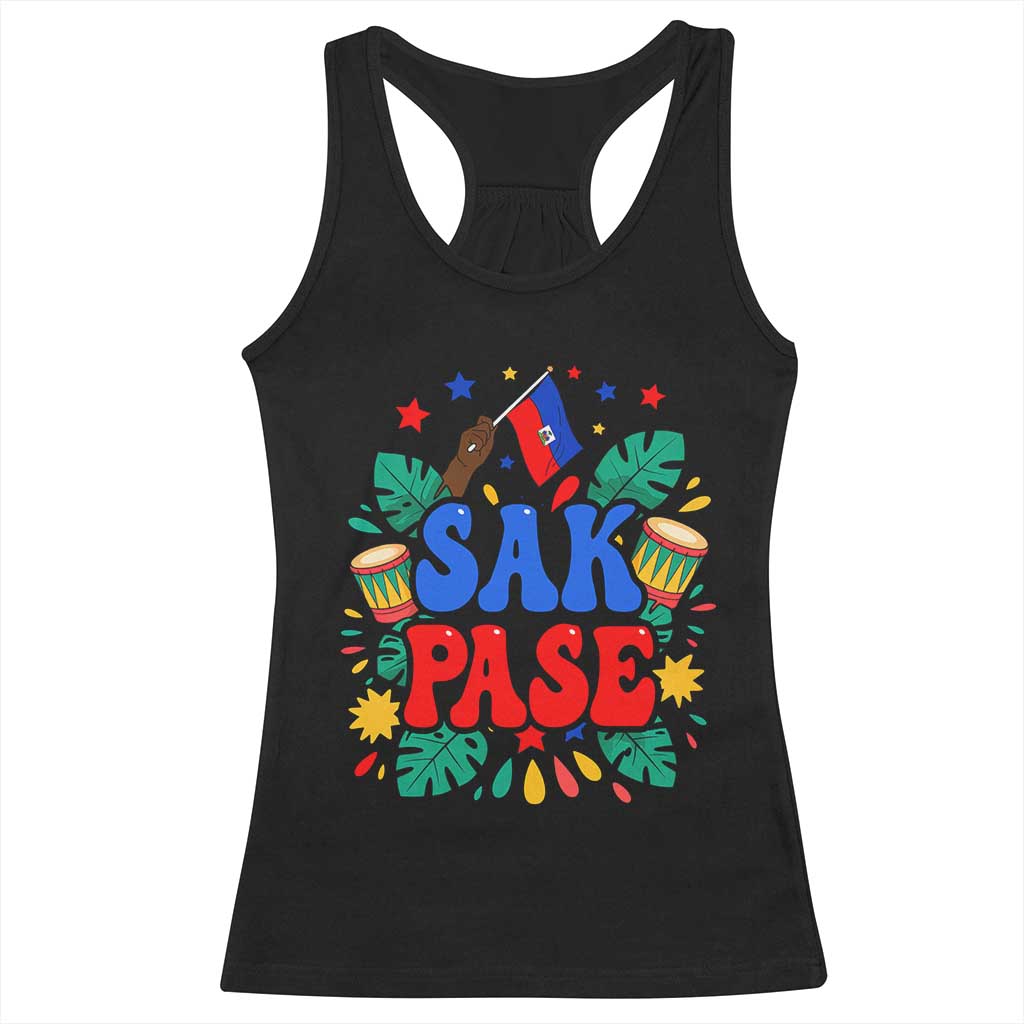 Sak Pase Colorful Festive Haitian Drums Tropical Graphic Racerback Tank Top Haiti Heritage Pride TS02 Black Print Your Wear