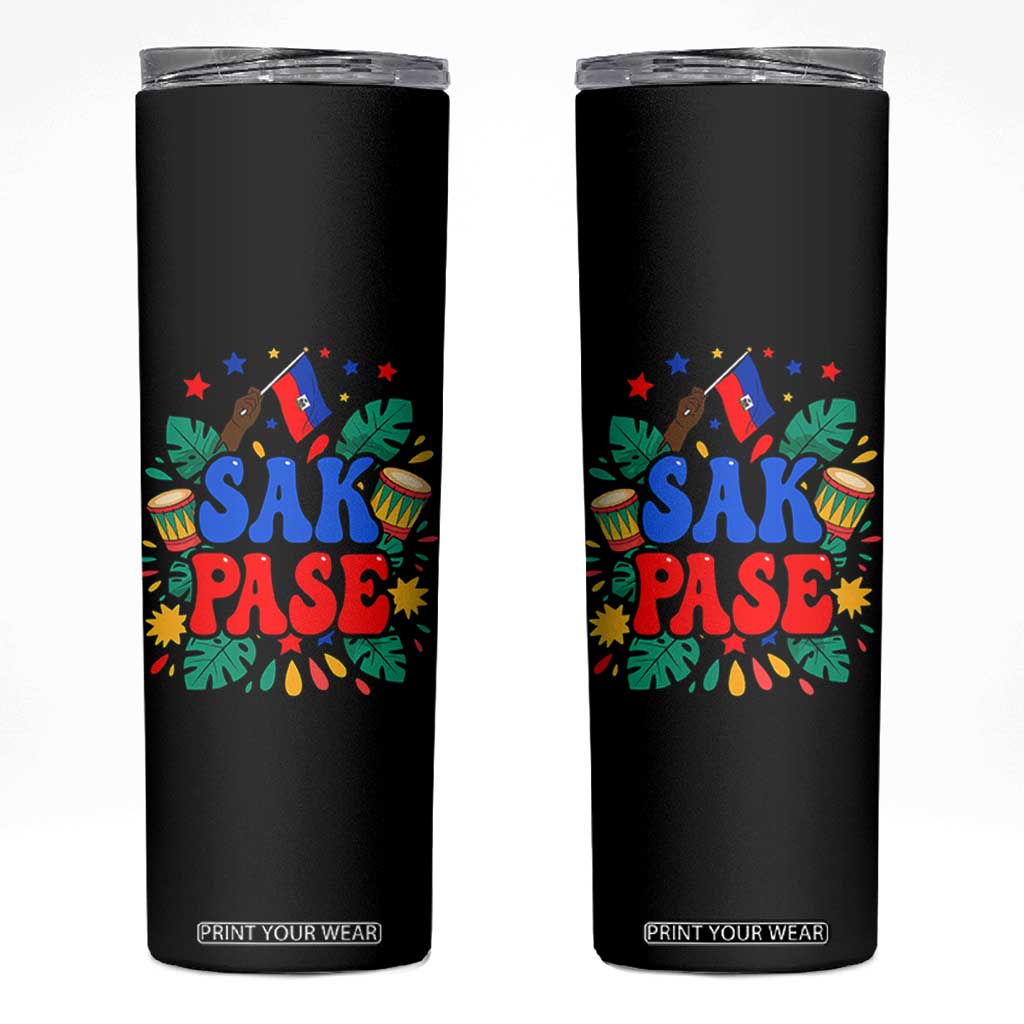 Sak Pase Colorful Festive Haitian Drums Tropical Graphic Skinny Tumbler Haiti Heritage Pride TS02 Black Print Your Wear