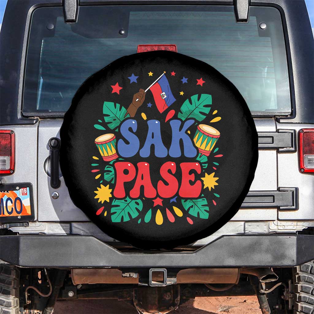 Sak Pase Colorful Festive Haitian Drums Tropical Graphic Spare Tire Cover Haiti Heritage Pride TS02 No hole Black Print Your Wear