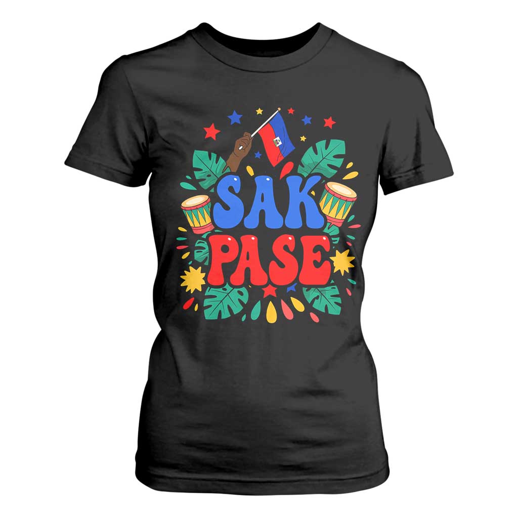 Sak Pase Colorful Festive Haitian Drums Tropical Graphic T Shirt For Women Haiti Heritage Pride TS02 Black Print Your Wear