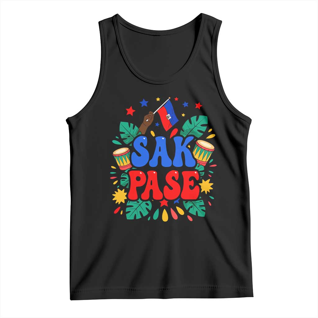 Sak Pase Colorful Festive Haitian Drums Tropical Graphic Tank Top Haiti Heritage Pride TS02 Black Print Your Wear