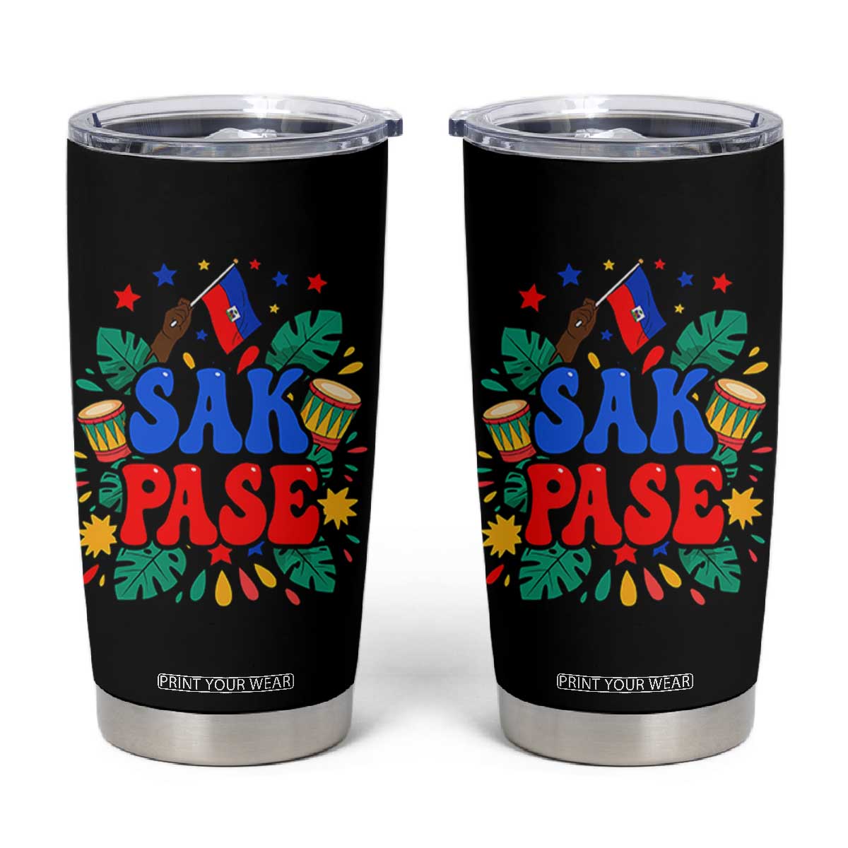 Sak Pase Colorful Festive Haitian Drums Tropical Graphic Tumbler Cup Haiti Heritage Pride TS02 Black Print Your Wear