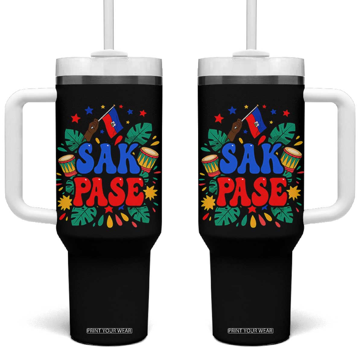 Sak Pase Colorful Festive Haitian Drums Tropical Graphic Tumbler With Handle Haiti Heritage Pride TS02 One Size: 40 oz Black Print Your Wear