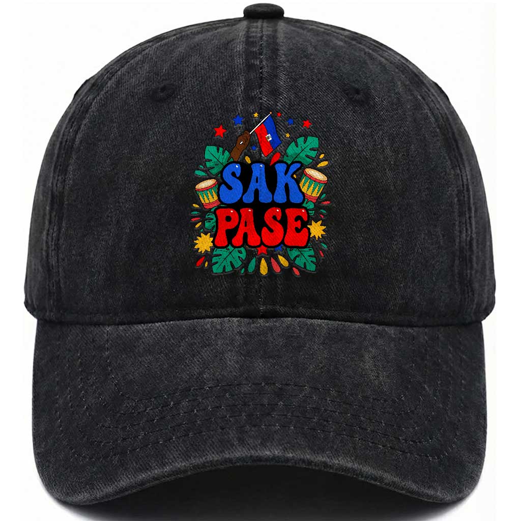 Sak Pase Colorful Festive Haitian Drums Tropical Graphic Washed Cotton Baseball Cap Haiti Heritage Pride TS02 Print Your Wear