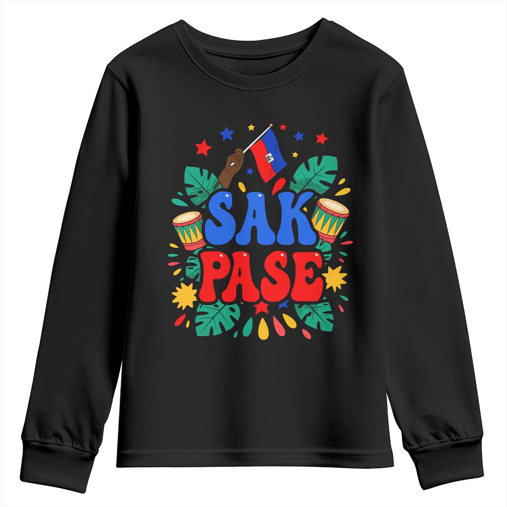 Sak Pase Colorful Festive Haitian Drums Tropical Graphic Youth Sweatshirt Haiti Heritage Pride TS02 Black Print Your Wear