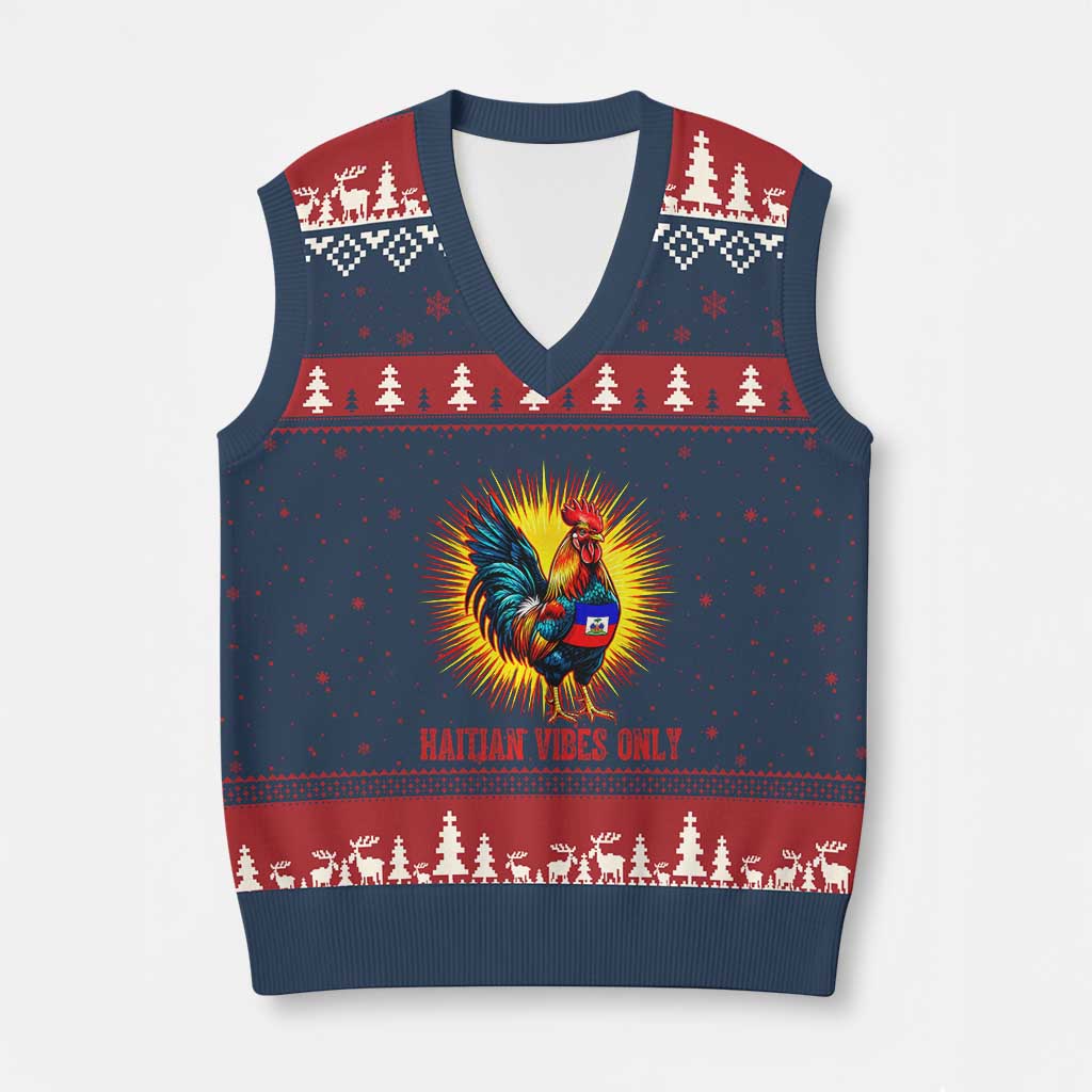 Proud Haitian Rooster Flag V-Neck Knit Sweater Vest Majestic National Symbol Haiti Heritage Pride TS02 Navy Red Print Your Wear