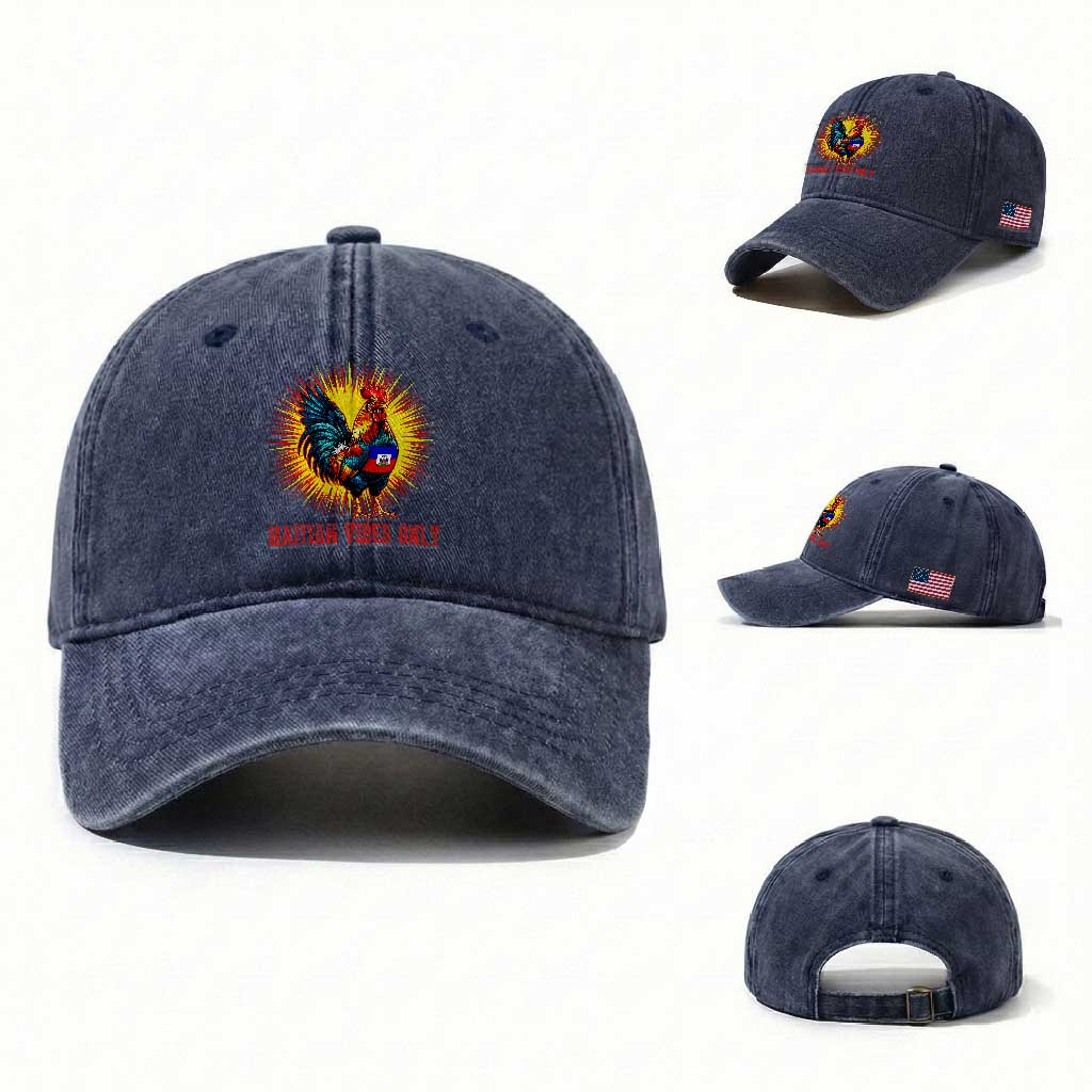 Proud Haitian Rooster Flag Washed Cotton Baseball Cap Majestic National Symbol Haiti Heritage Pride TS02 Washed Cap Universal Fit Navy Print Your Wear
