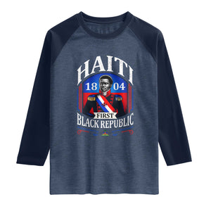 1804 First Black Republic Vintage Graphic Raglan Shirt Jean Jacques Dessalines Historic TS02 Heather Denim Navy Print Your Wear
