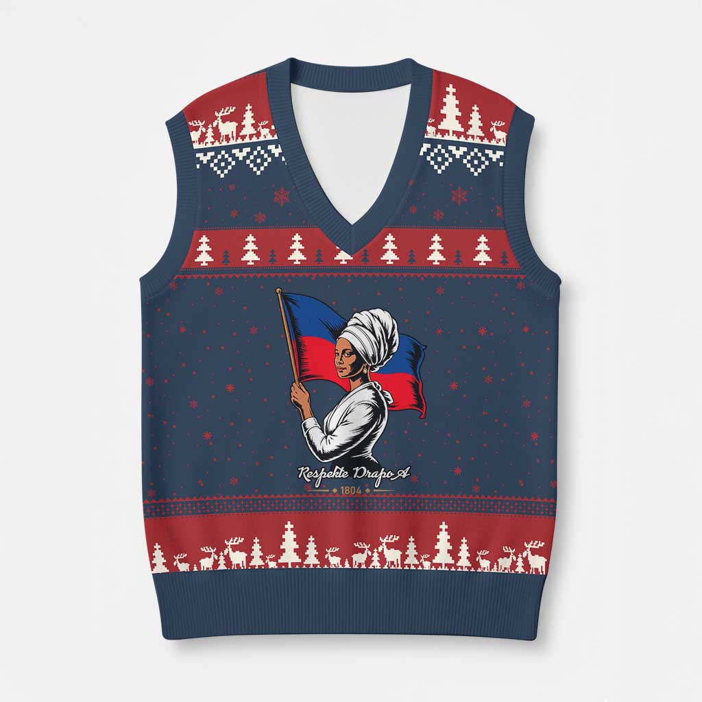 Respekte Drapo A 1804 Haitian Independence Day V-Neck Knit Sweater Vest Proud Haitian Woman Flag Heritage TS02 Navy Red Print Your Wear