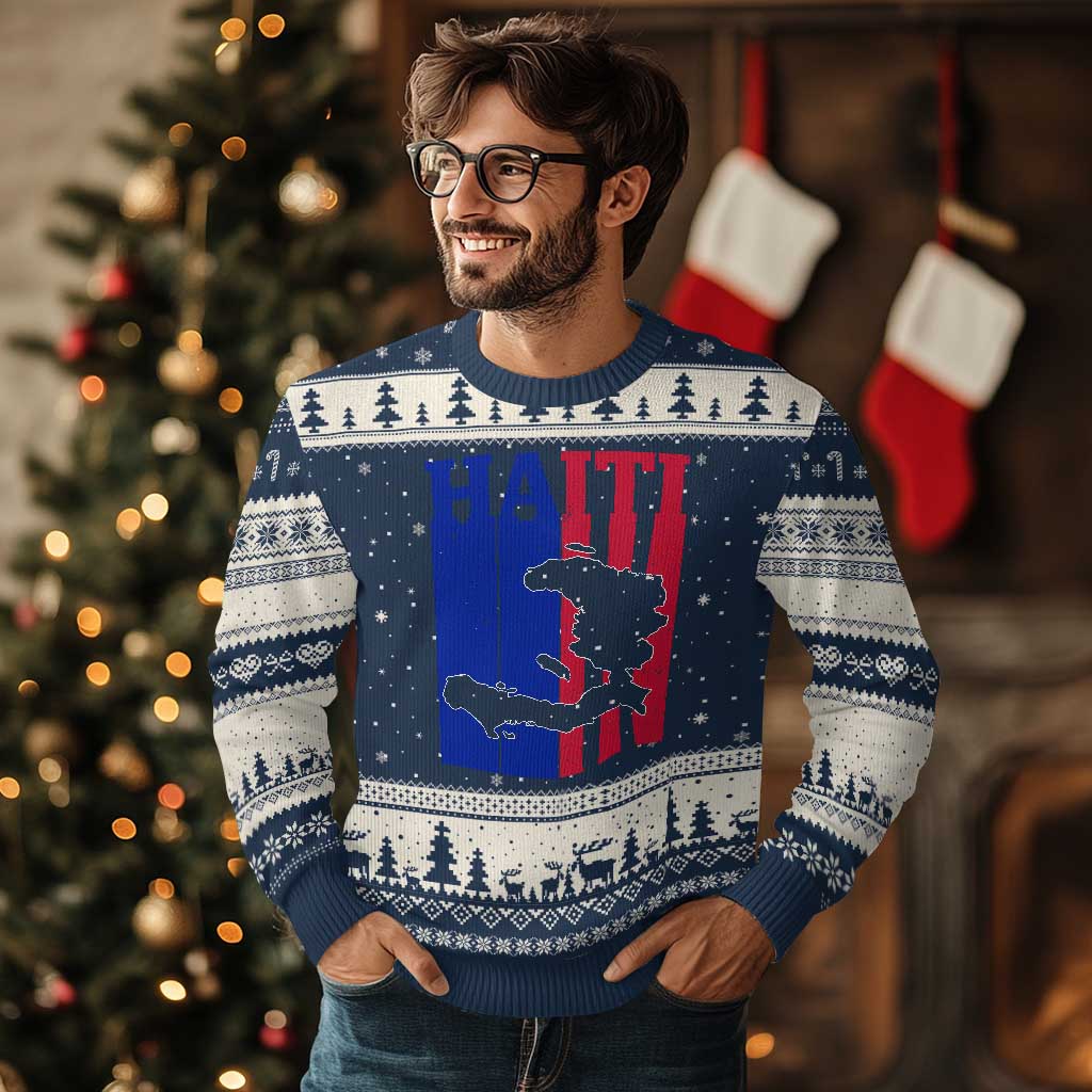 Vintage Retro Map of Haiti Ugly Christmas Sweater Haitian Heritage Pride Travel Souvenir TS02 Navy Beige Print Your Wear