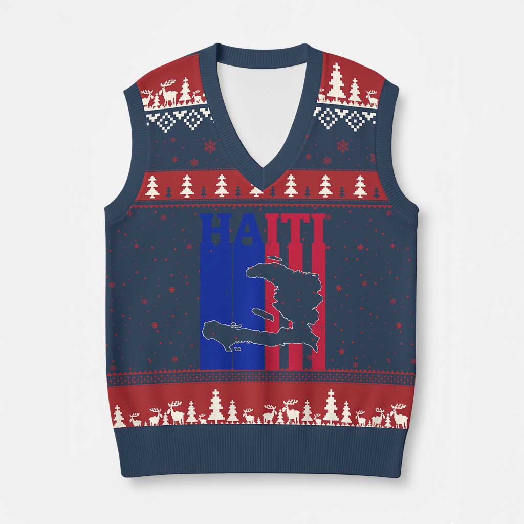 Vintage Retro Map of Haiti V-Neck Knit Sweater Vest Haitian Heritage Pride Travel Souvenir TS02 Navy Red Print Your Wear