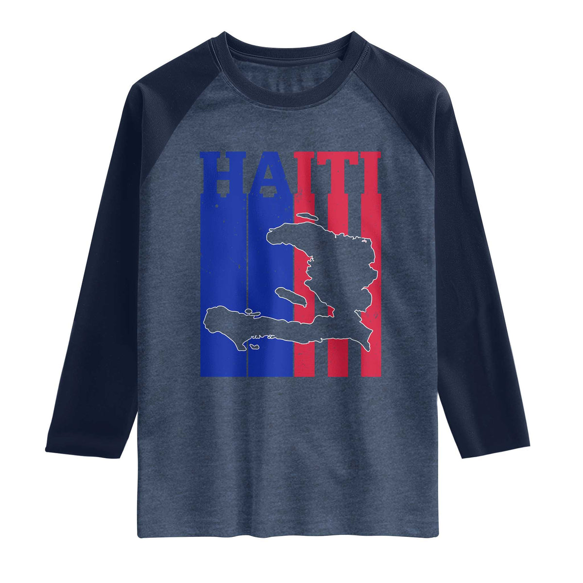 Vintage Retro Map of Haiti Raglan Shirt Haitian Heritage Pride Travel Souvenir TS02 Heather Denim Navy Print Your Wear