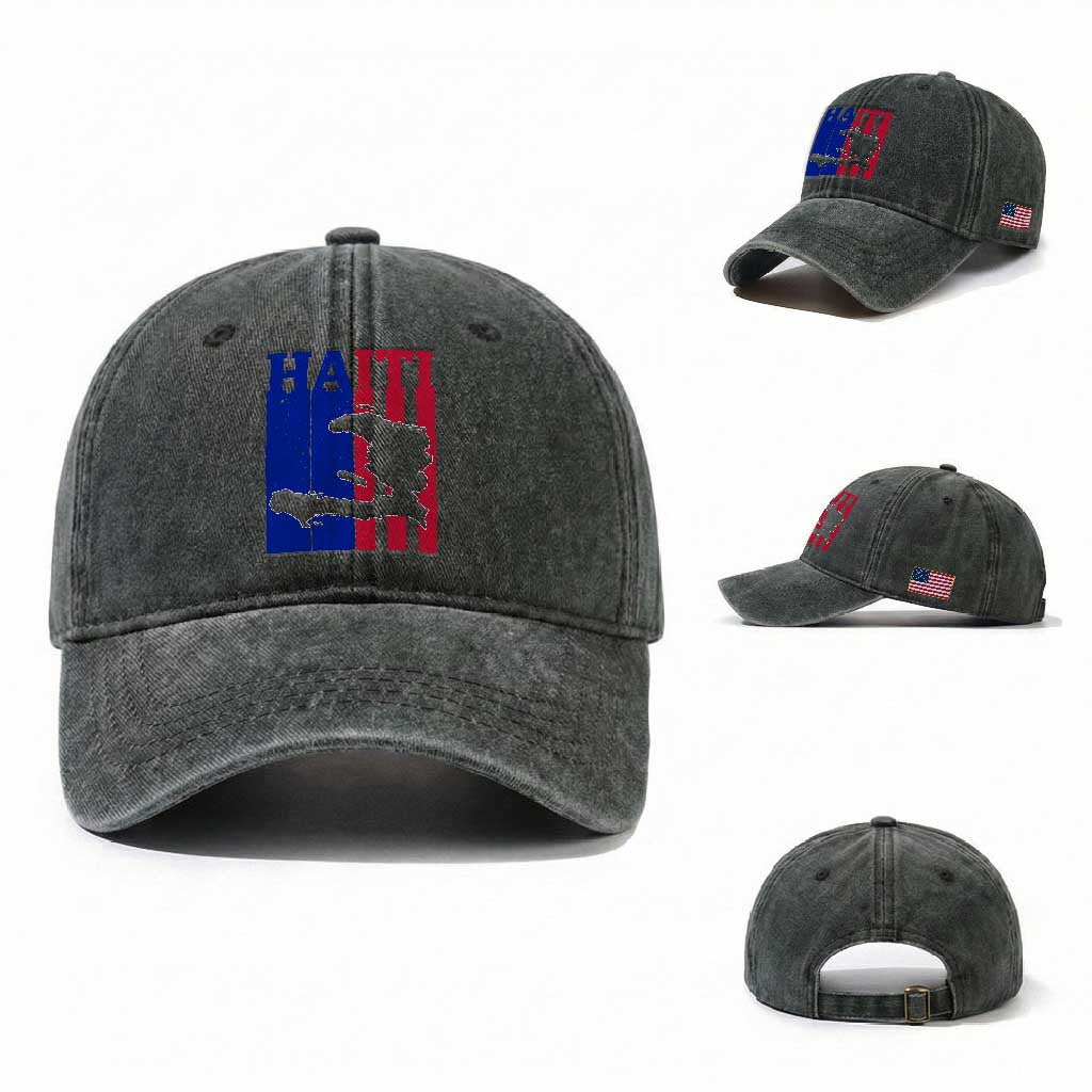 Vintage Retro Map of Haiti Washed Cotton Baseball Cap Haitian Heritage Pride Travel Souvenir TS02 Washed Cap Universal Fit Dark Green Print Your Wear