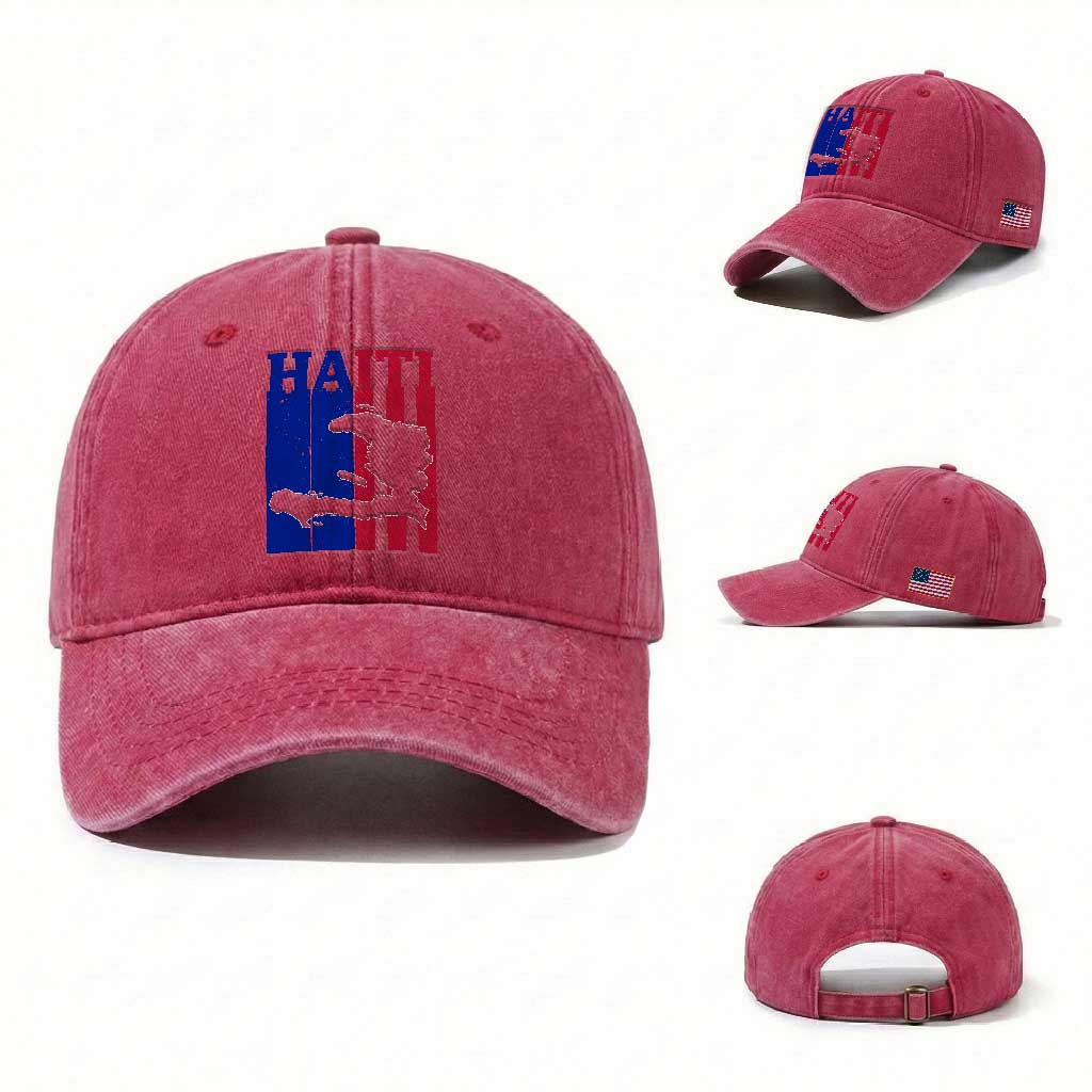 Vintage Retro Map of Haiti Washed Cotton Baseball Cap Haitian Heritage Pride Travel Souvenir TS02 Washed Cap Universal Fit Red Print Your Wear