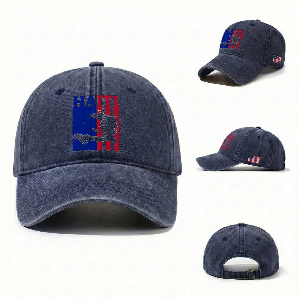 Vintage Retro Map of Haiti Washed Cotton Baseball Cap Haitian Heritage Pride Travel Souvenir TS02 Washed Cap Universal Fit Navy Print Your Wear