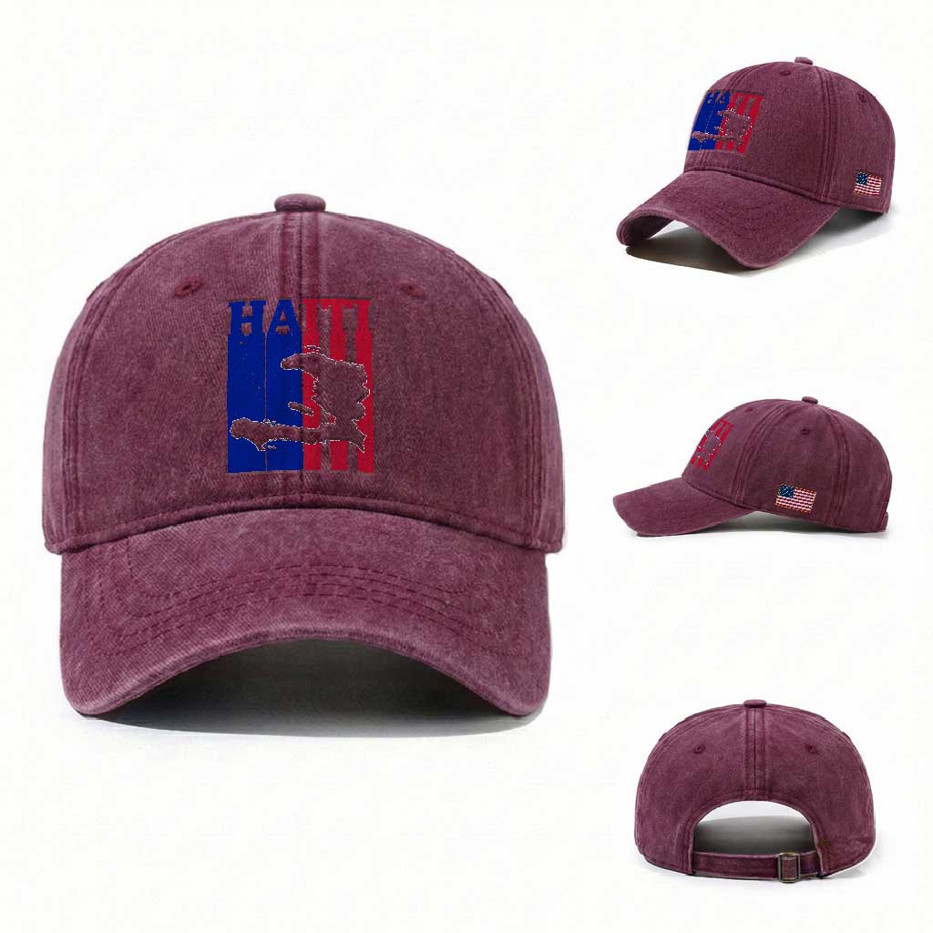 Vintage Retro Map of Haiti Washed Cotton Baseball Cap Haitian Heritage Pride Travel Souvenir TS02 Washed Cap Universal Fit Burgundy Print Your Wear