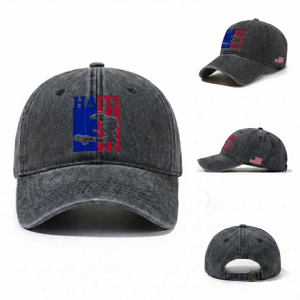 Vintage Retro Map of Haiti Washed Cotton Baseball Cap Haitian Heritage Pride Travel Souvenir TS02 Washed Cap Universal Fit Dark Gray Print Your Wear