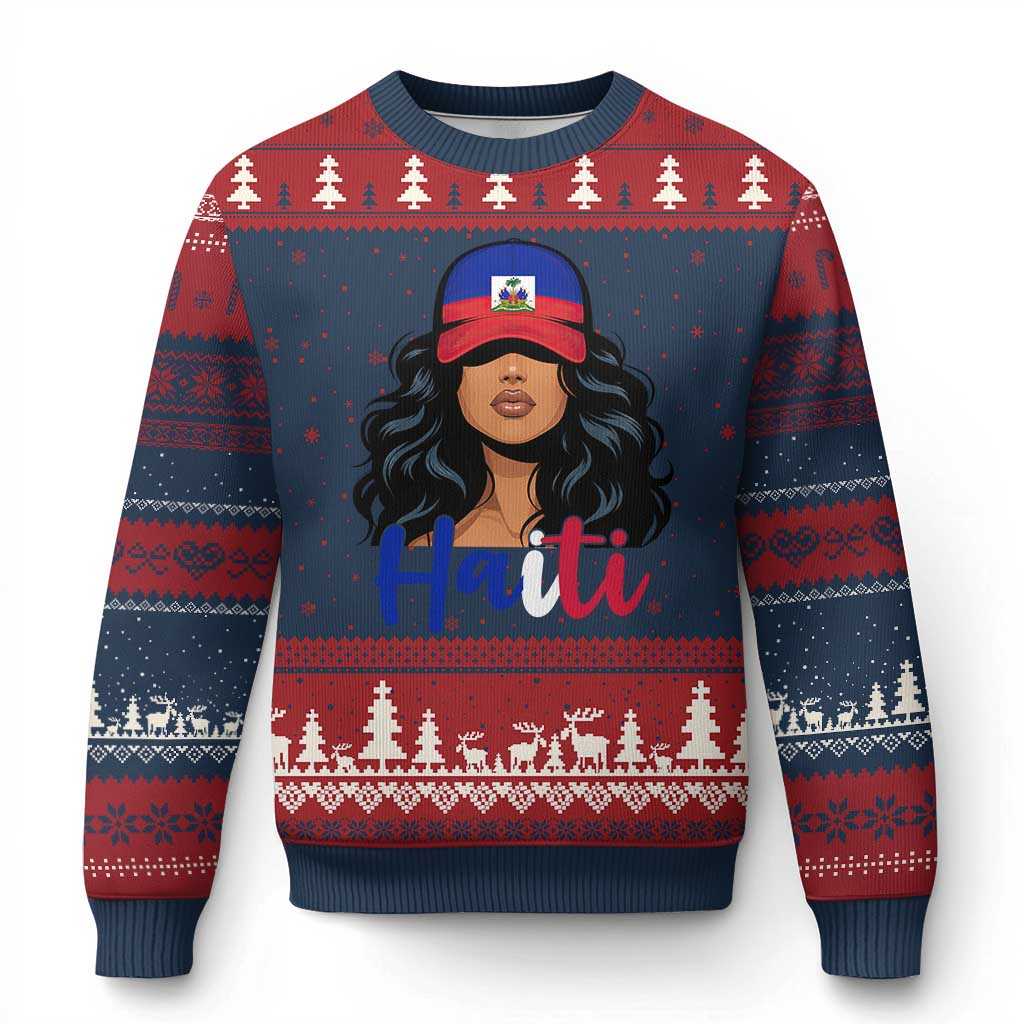 Beautiful Haitian Girl in Flag Baseball Cap Ugly Christmas Sweater Haiti Heritage Pride TS02 Navy Red Print Your Wear