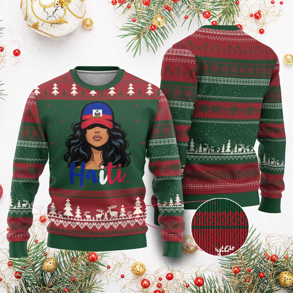 Beautiful Haitian Girl in Flag Baseball Cap Ugly Christmas Sweater Haiti Heritage Pride TS02 Red Green Print Your Wear
