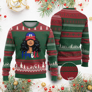 Beautiful Haitian Girl in Flag Baseball Cap Ugly Christmas Sweater Haiti Heritage Pride TS02 Red Green Print Your Wear