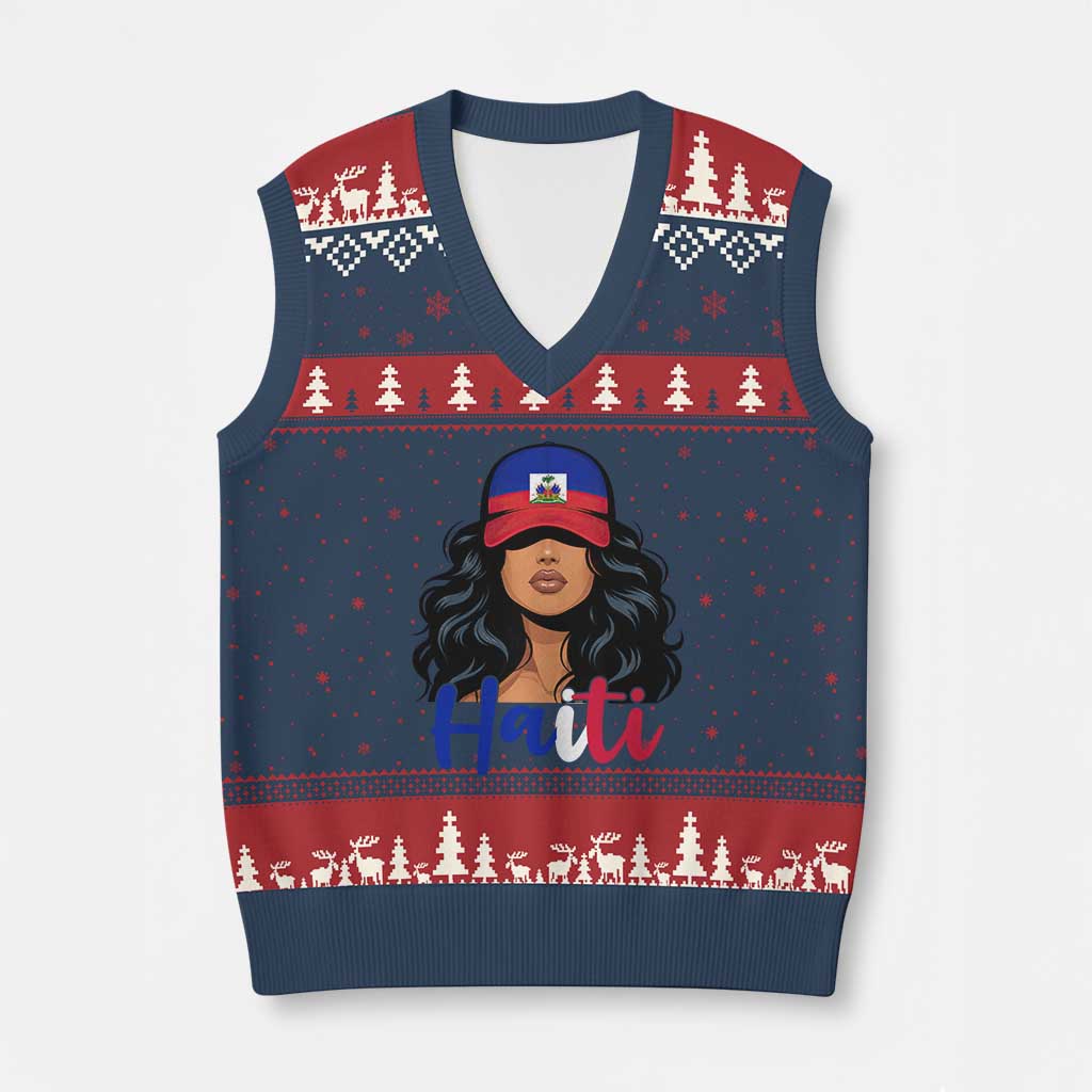 Beautiful Haitian Girl in Flag Baseball Cap V-Neck Knit Sweater Vest Haiti Heritage Pride TS02 Navy Red Print Your Wear