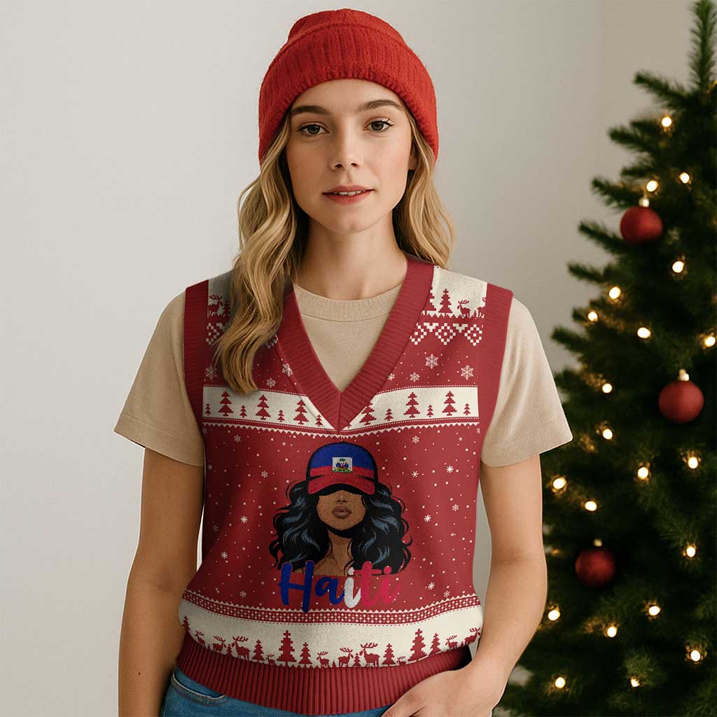 Beautiful Haitian Girl in Flag Baseball Cap V-Neck Knit Sweater Vest Haiti Heritage Pride TS02 Red Beige Print Your Wear