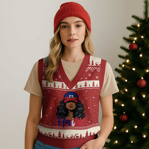 Beautiful Haitian Girl in Flag Baseball Cap V-Neck Knit Sweater Vest Haiti Heritage Pride TS02 Red Beige Print Your Wear