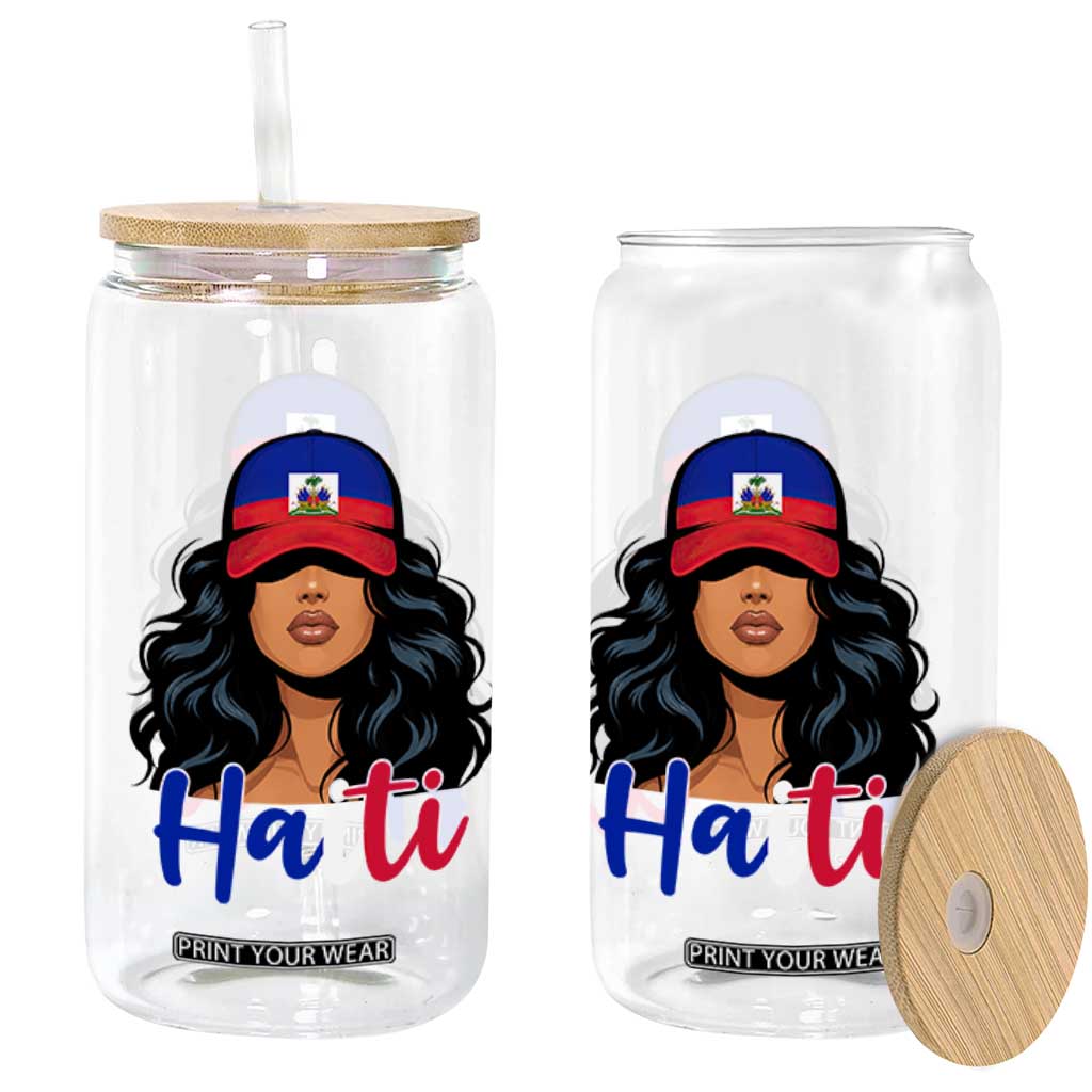 Beautiful Haitian Girl in Flag Baseball Cap Glass Can Haiti Heritage Pride TS02 Print Your Wear