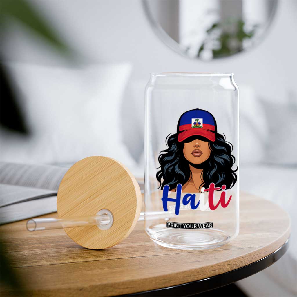 Beautiful Haitian Girl in Flag Baseball Cap Glass Can Haiti Heritage Pride TS02 Print Your Wear