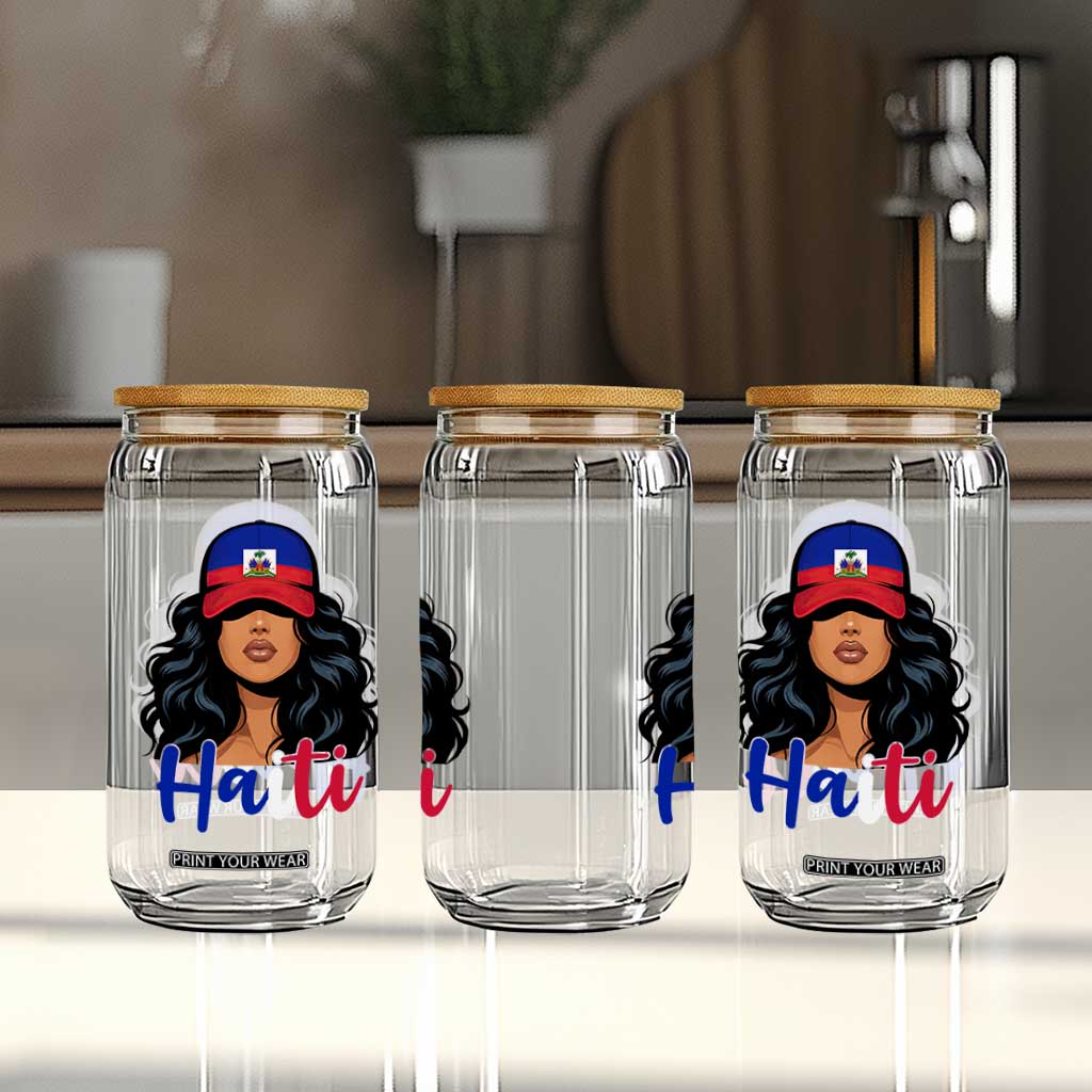 Beautiful Haitian Girl in Flag Baseball Cap Glass Can Haiti Heritage Pride TS02 Print Your Wear