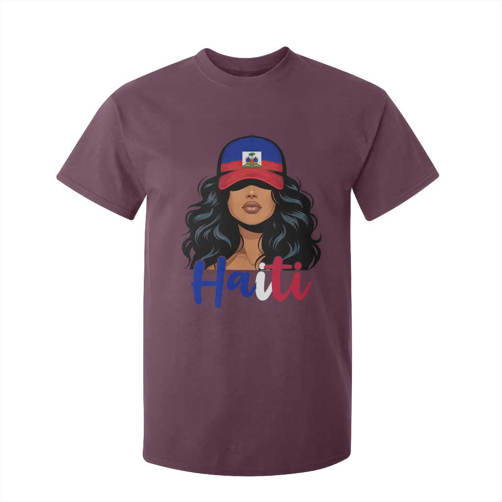 Beautiful Haitian Girl in Flag Baseball Cap T Shirt For Kid Haiti Heritage Pride TS02 Maroon Print Your Wear