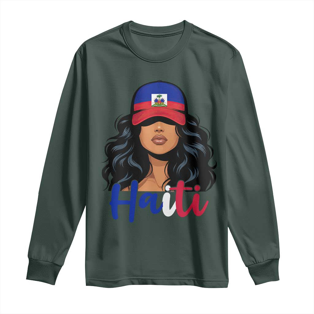 Beautiful Haitian Girl in Flag Baseball Cap Long Sleeve Shirt Haiti Heritage Pride TS02 Dark Forest Green Print Your Wear