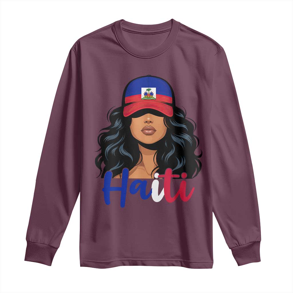Beautiful Haitian Girl in Flag Baseball Cap Long Sleeve Shirt Haiti Heritage Pride TS02 Maroon Print Your Wear