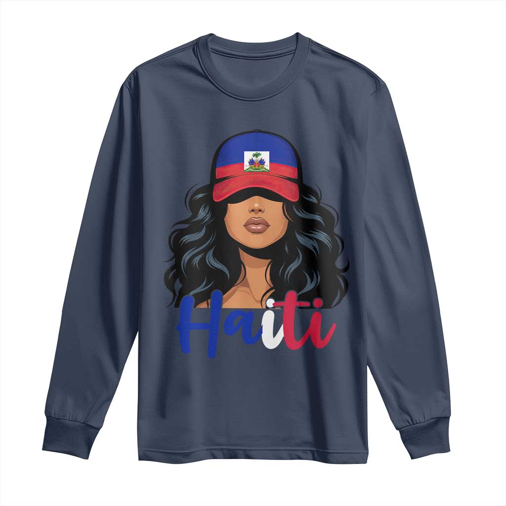 Beautiful Haitian Girl in Flag Baseball Cap Long Sleeve Shirt Haiti Heritage Pride TS02 Navy Print Your Wear