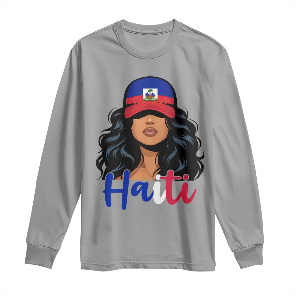Beautiful Haitian Girl in Flag Baseball Cap Long Sleeve Shirt Haiti Heritage Pride TS02 Sport Gray Print Your Wear