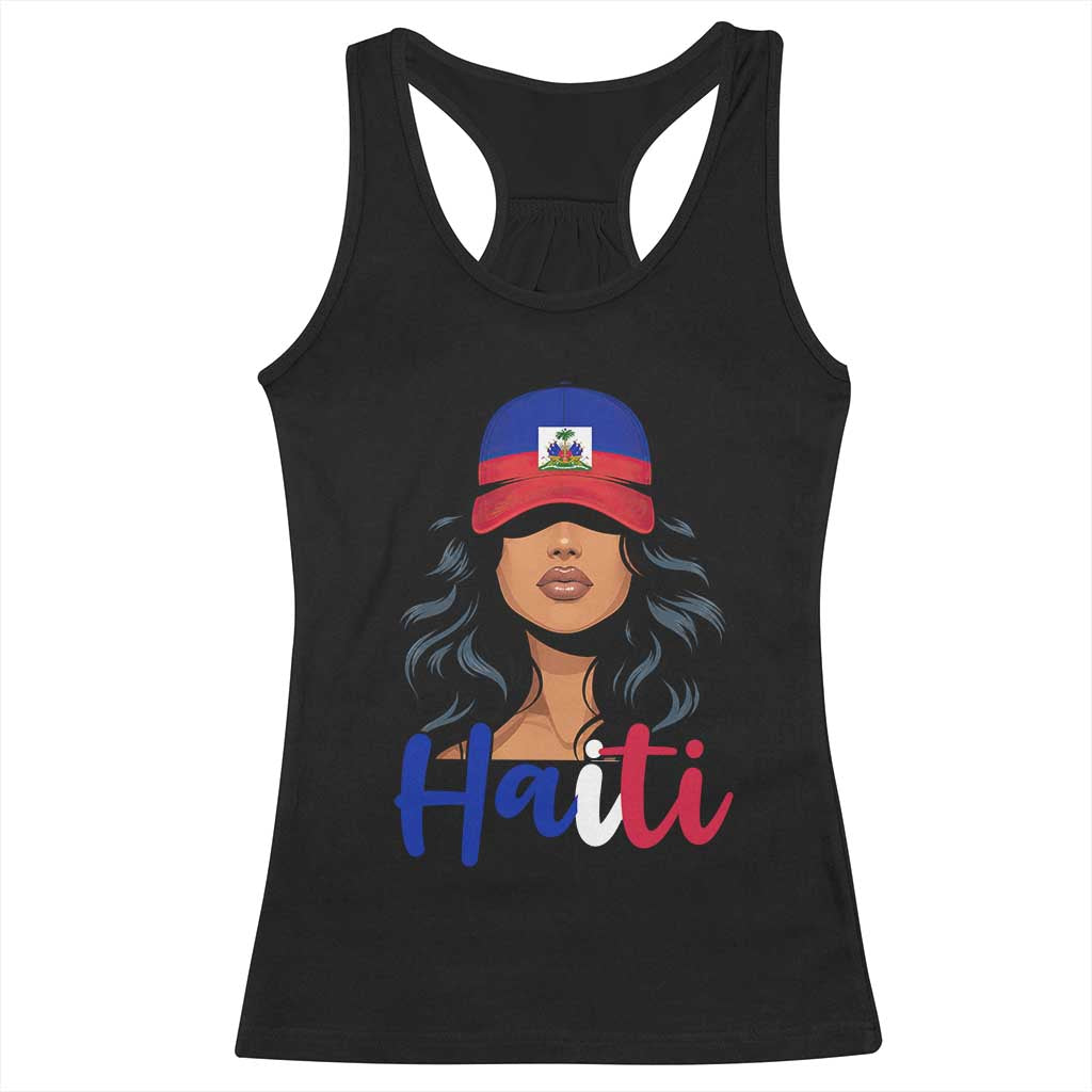 Beautiful Haitian Girl in Flag Baseball Cap Racerback Tank Top Haiti Heritage Pride TS02 Black Print Your Wear
