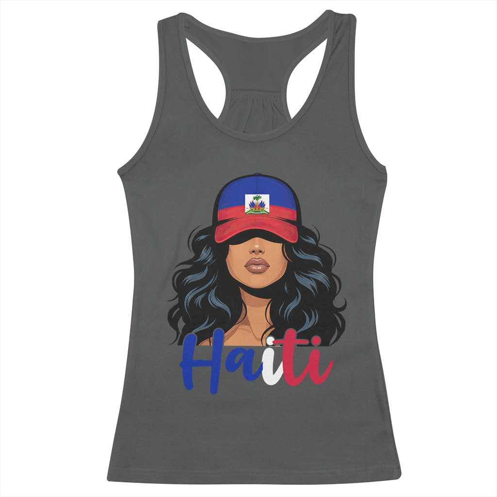 Beautiful Haitian Girl in Flag Baseball Cap Racerback Tank Top Haiti Heritage Pride TS02 Dark Heather Print Your Wear