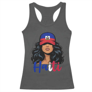 Beautiful Haitian Girl in Flag Baseball Cap Racerback Tank Top Haiti Heritage Pride TS02 Dark Heather Print Your Wear
