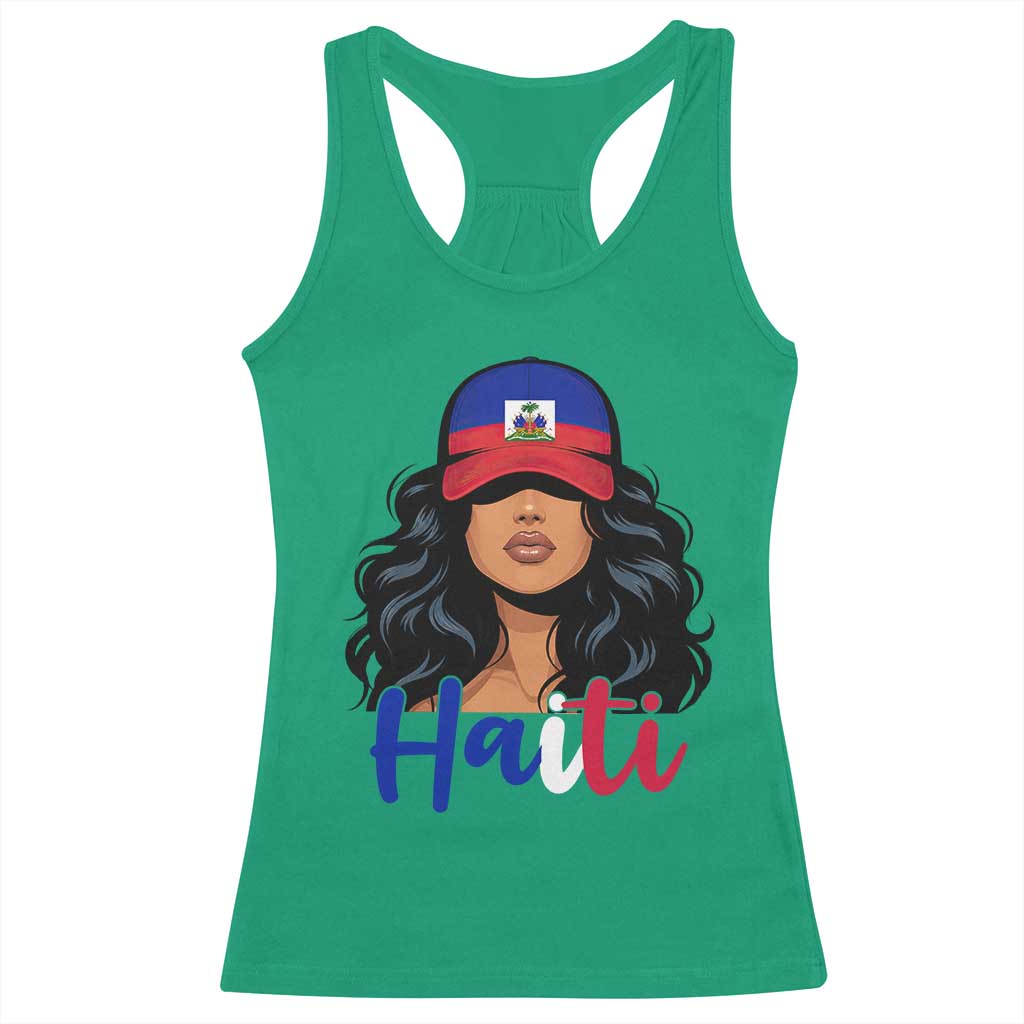 Beautiful Haitian Girl in Flag Baseball Cap Racerback Tank Top Haiti Heritage Pride TS02 Irish Green Print Your Wear