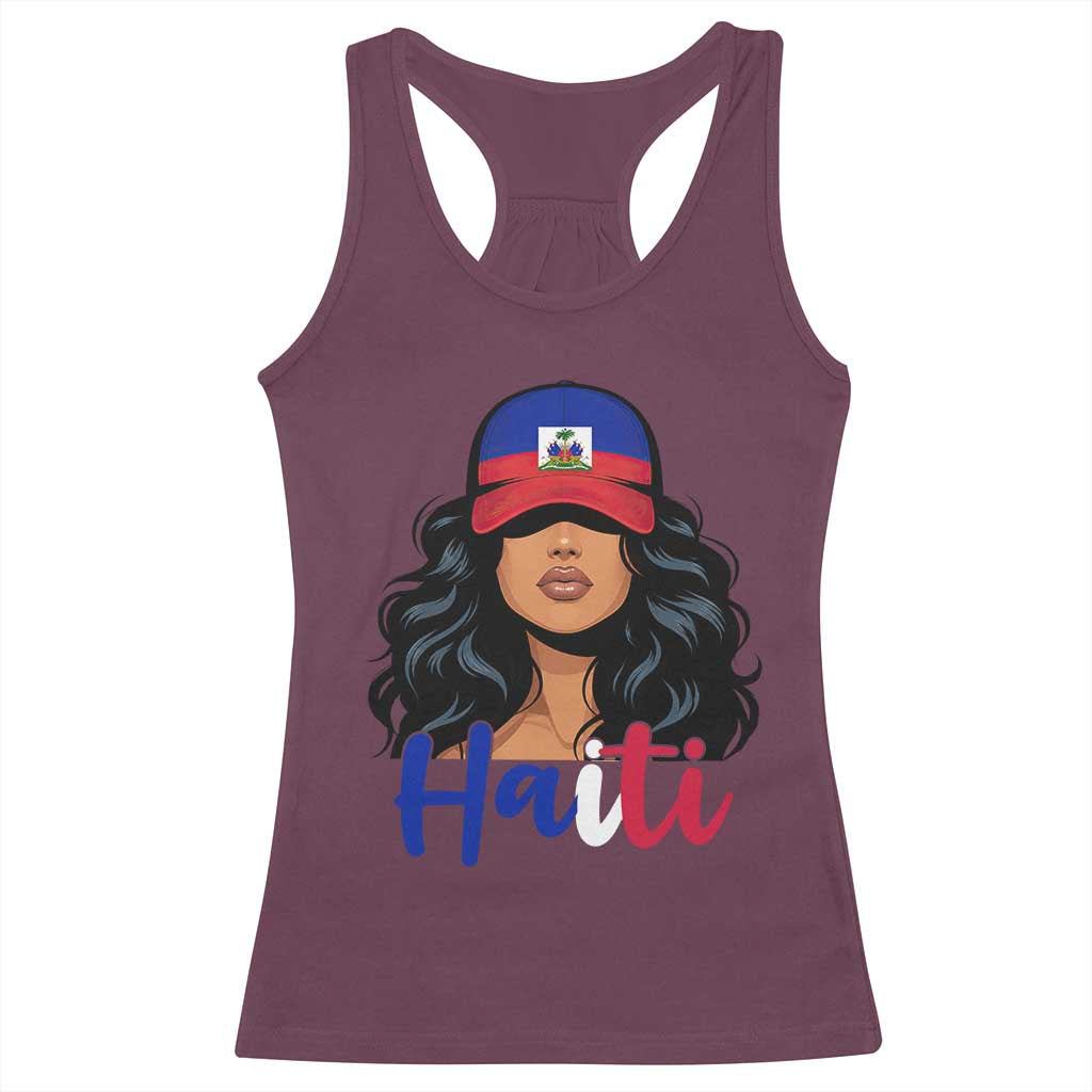 Beautiful Haitian Girl in Flag Baseball Cap Racerback Tank Top Haiti Heritage Pride TS02 Maroon Print Your Wear