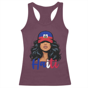 Beautiful Haitian Girl in Flag Baseball Cap Racerback Tank Top Haiti Heritage Pride TS02 Maroon Print Your Wear