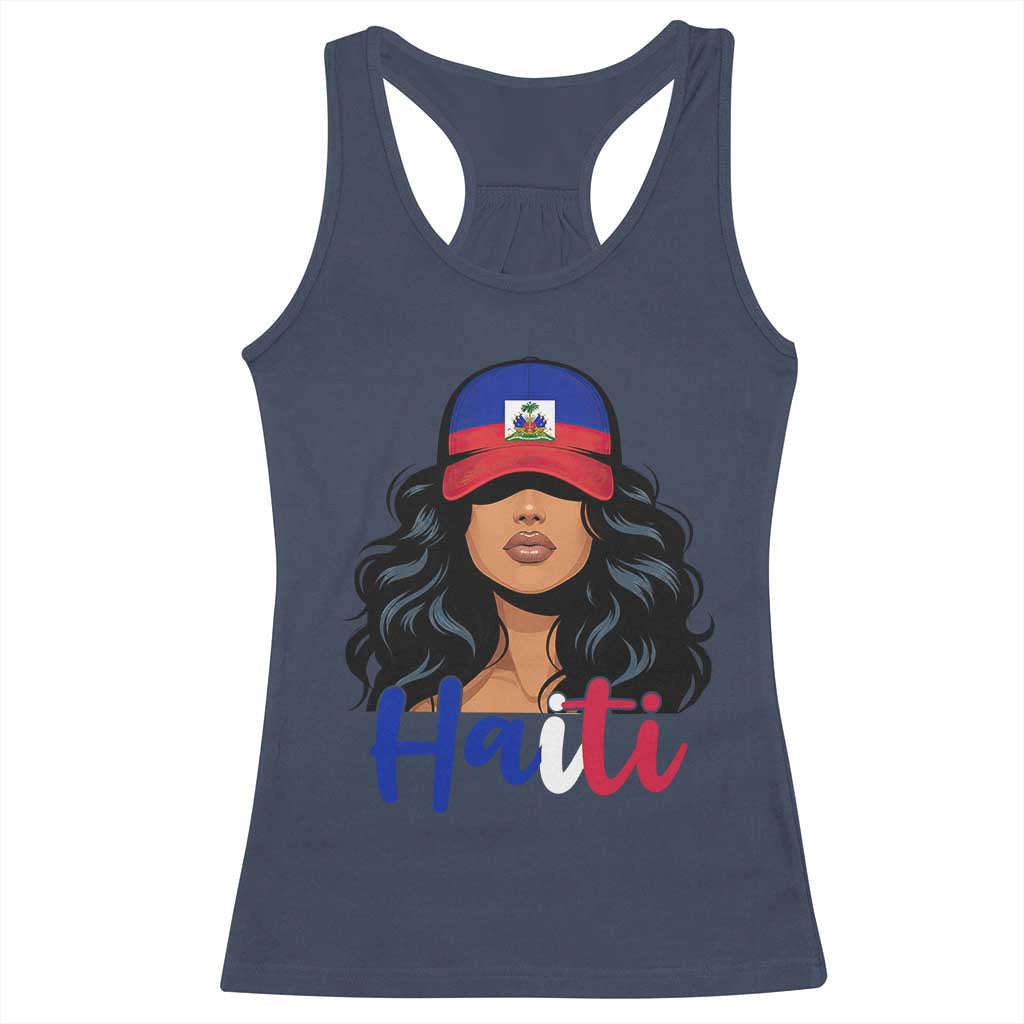 Beautiful Haitian Girl in Flag Baseball Cap Racerback Tank Top Haiti Heritage Pride TS02 Navy Print Your Wear