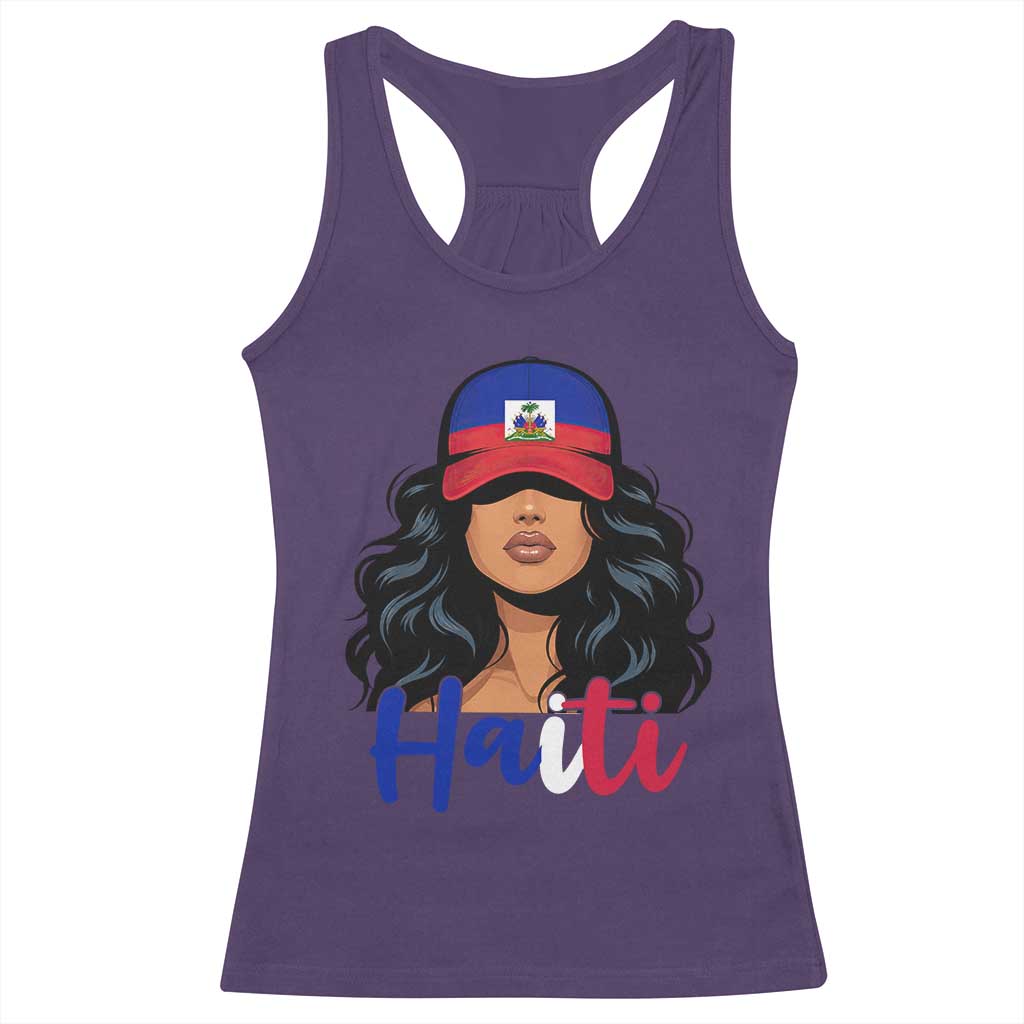 Beautiful Haitian Girl in Flag Baseball Cap Racerback Tank Top Haiti Heritage Pride TS02 Purple Print Your Wear