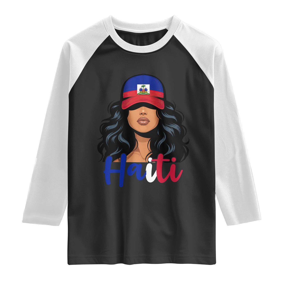 Beautiful Haitian Girl in Flag Baseball Cap Raglan Shirt Haiti Heritage Pride TS02 Black White Print Your Wear