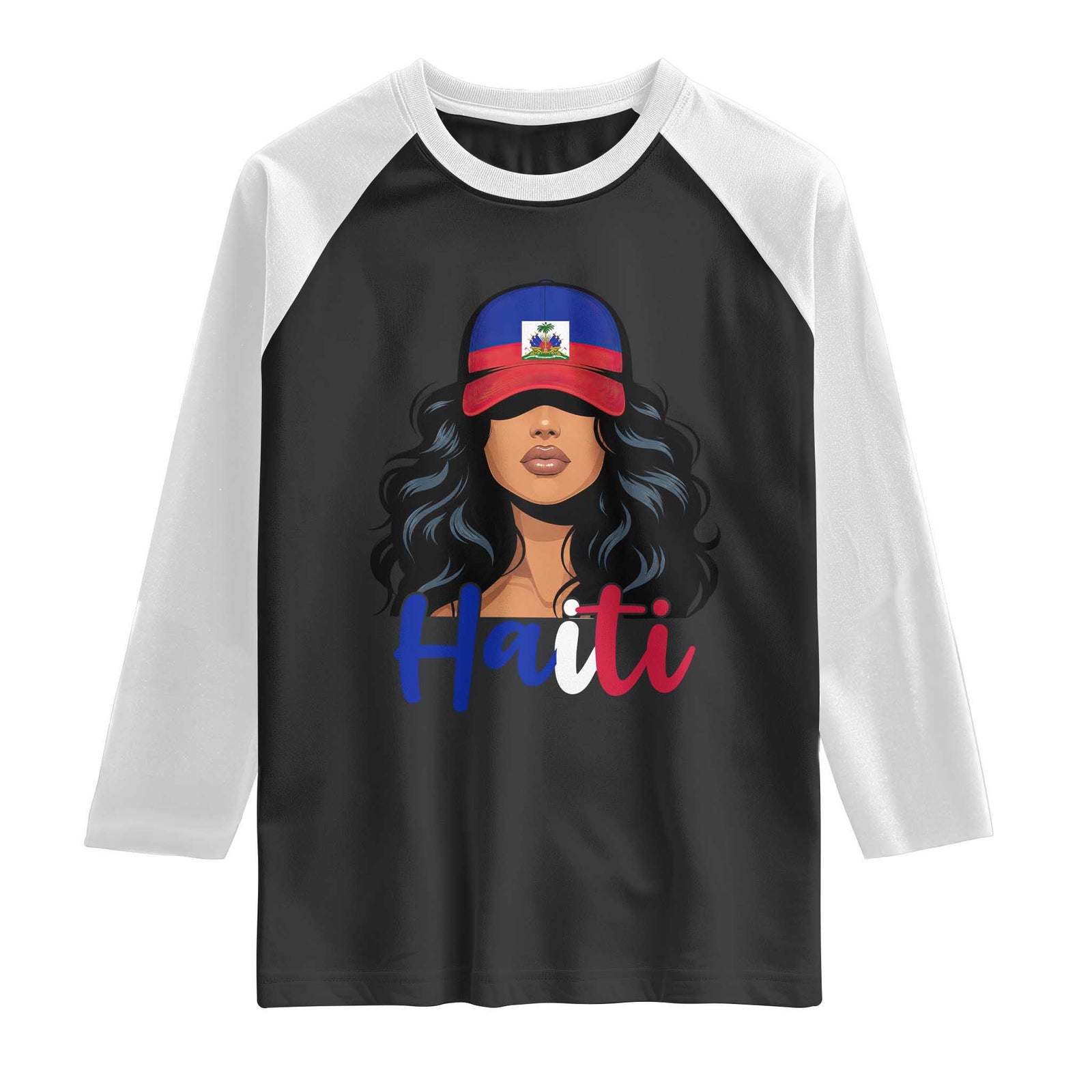 Beautiful Haitian Girl in Flag Baseball Cap Raglan Shirt Haiti Heritage Pride TS02 Black White Print Your Wear