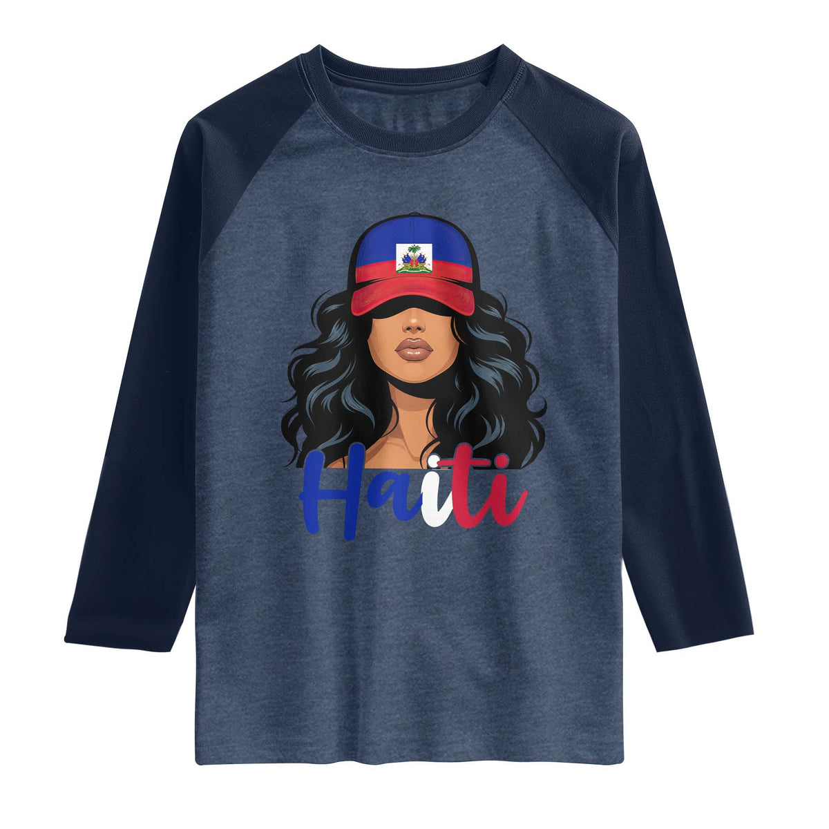 Beautiful Haitian Girl in Flag Baseball Cap Raglan Shirt Haiti Heritage Pride TS02 Heather Denim Navy Print Your Wear