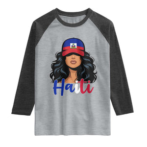 Beautiful Haitian Girl in Flag Baseball Cap Raglan Shirt Haiti Heritage Pride TS02 Heather Gray Heather Charcoal Print Your Wear