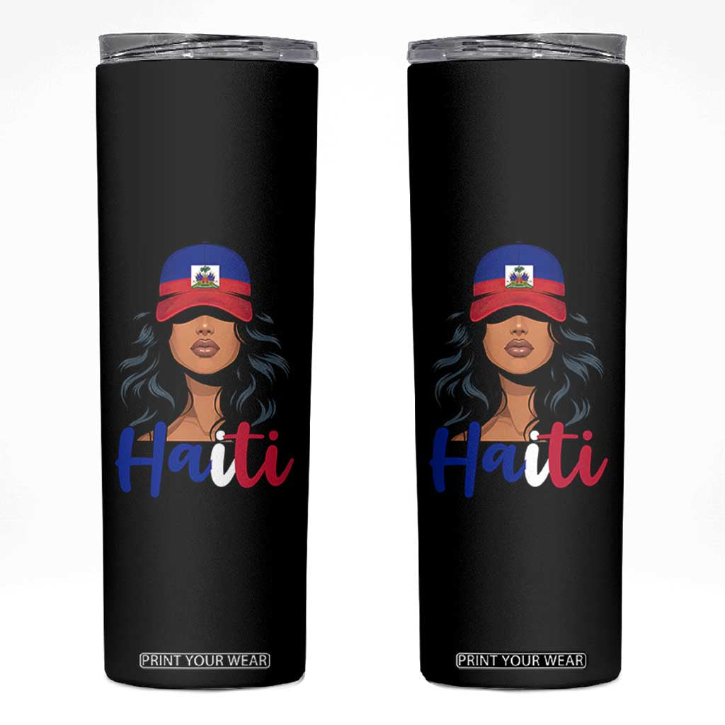 Beautiful Haitian Girl in Flag Baseball Cap Skinny Tumbler Haiti Heritage Pride TS02 Black Print Your Wear